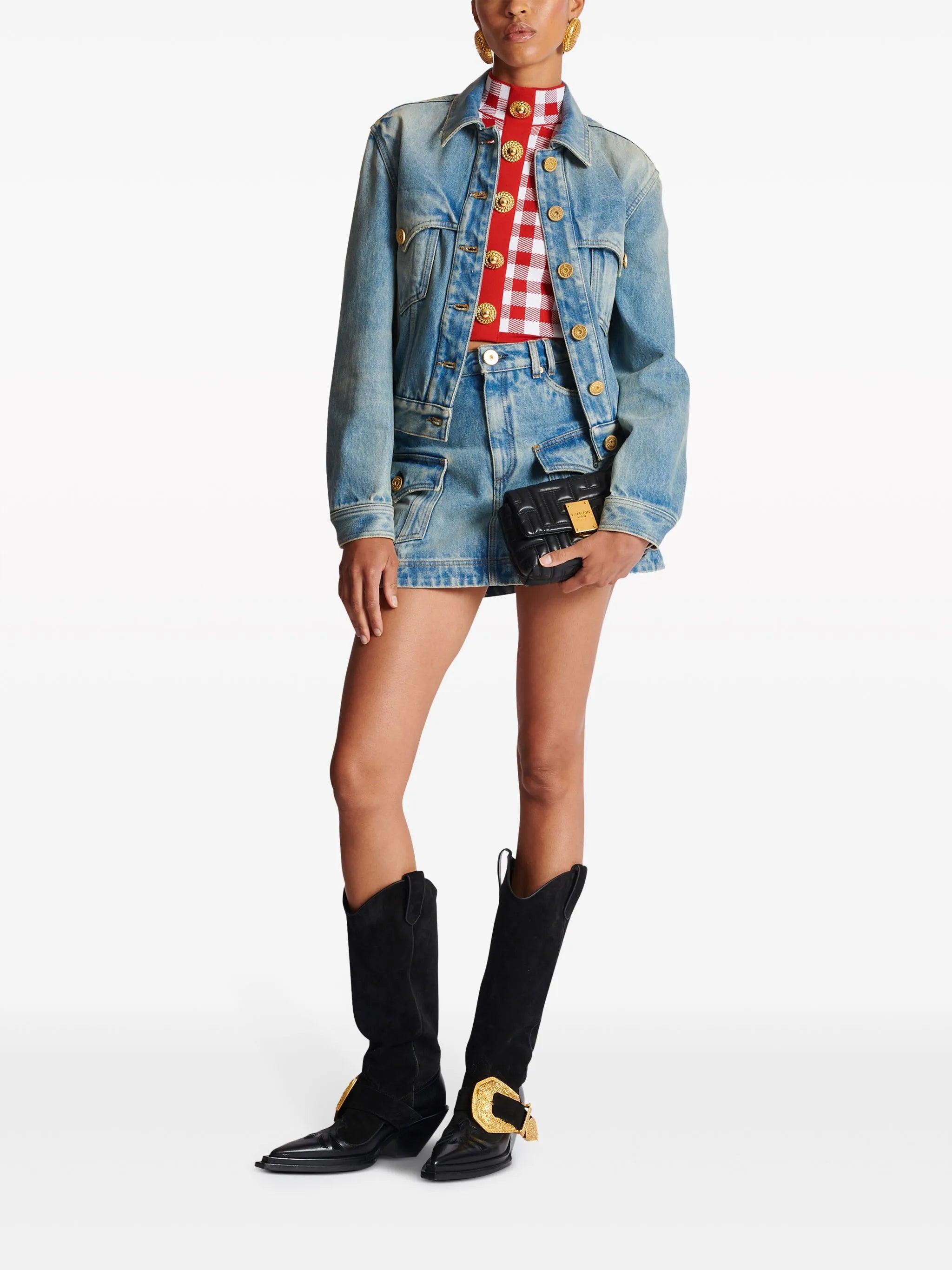 5-tlačítkový crop top s kostkovaným vzorem