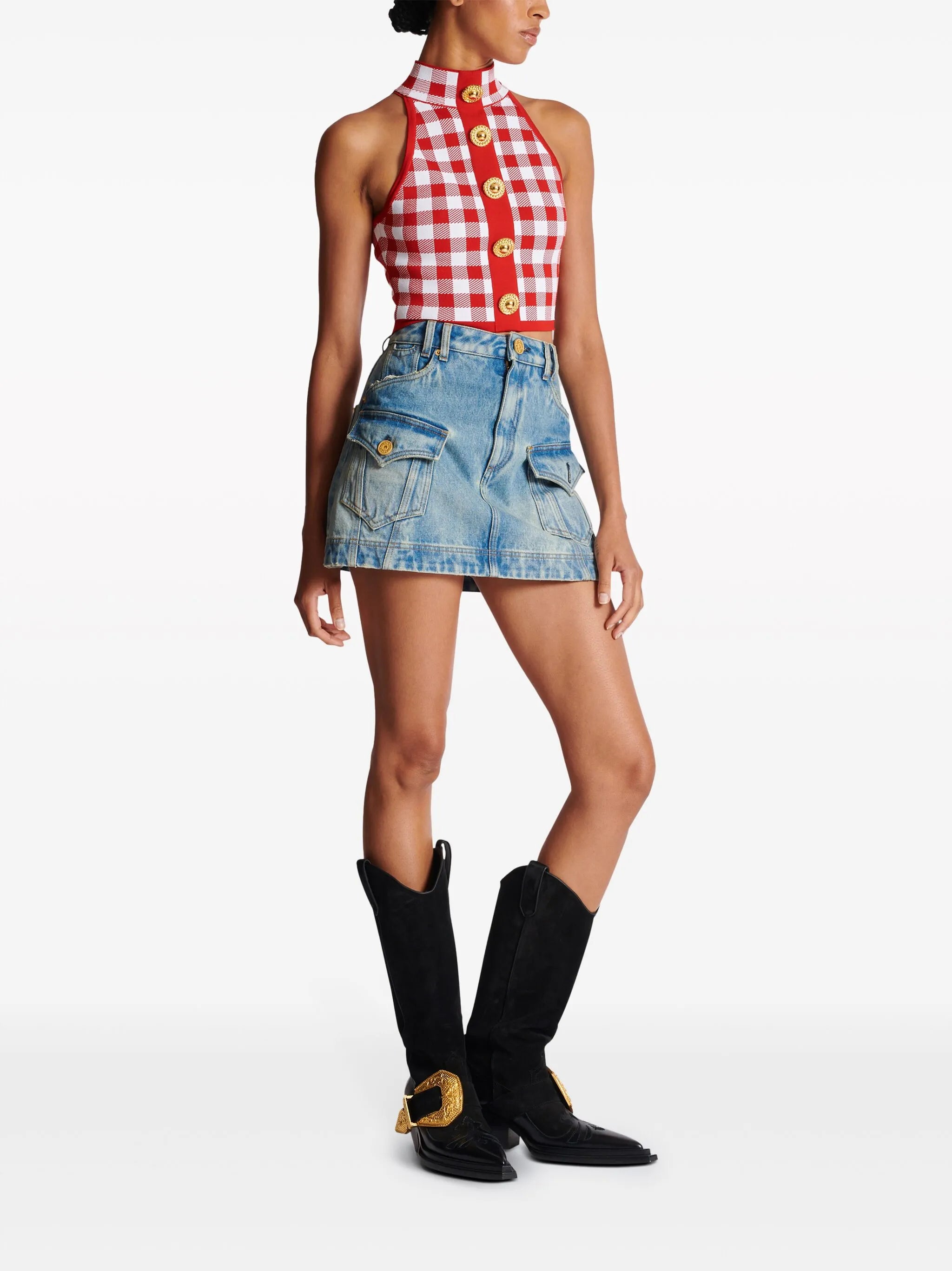 5-tlačítkový crop top s kostkovaným vzorem