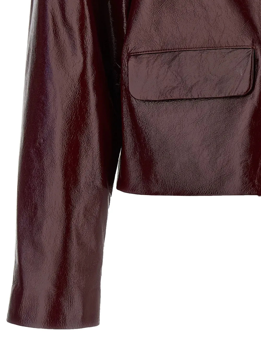 Cropped leather jacket with round neckline