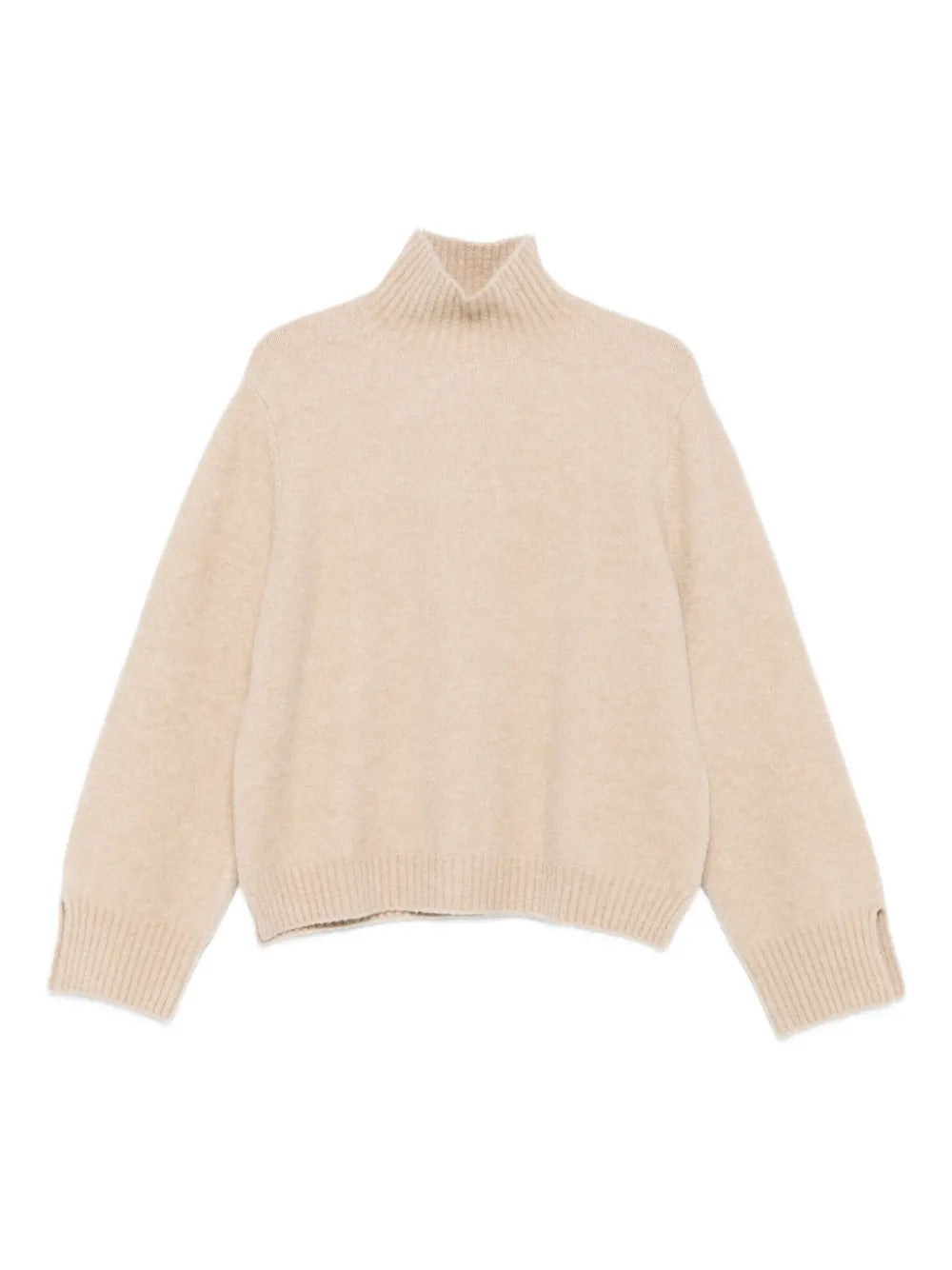 Stand-up collar sweater with slitted cuffs