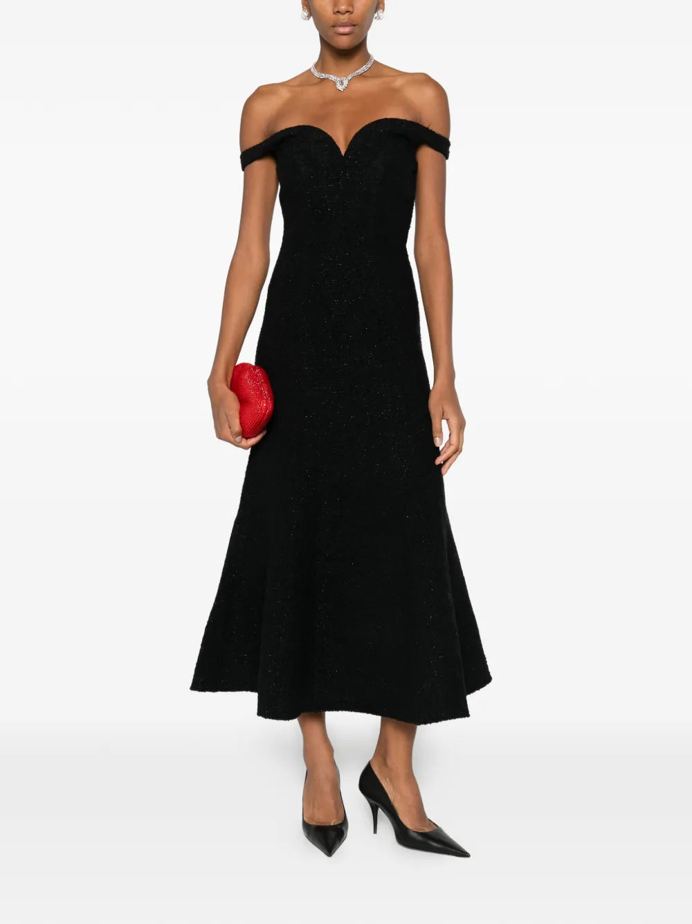 Šaty midi z bouclé látky s odhalenými ramenami