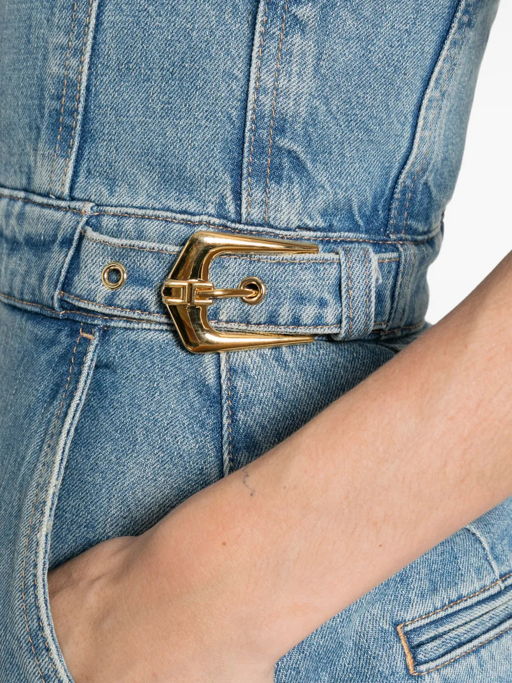 Off-shoulder jumpsuit with buckle detail