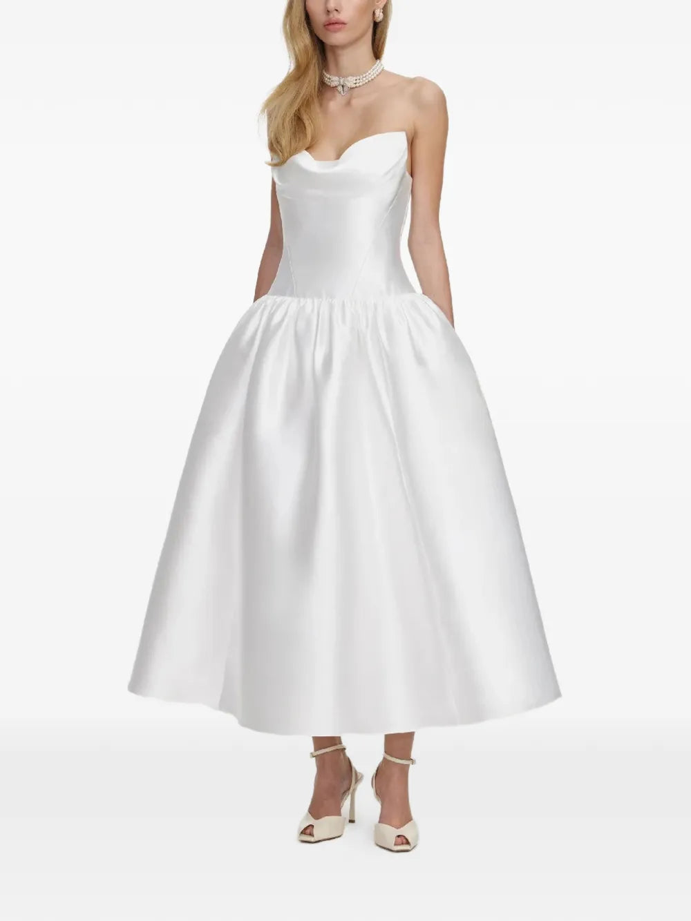 WHITE TAFFETA STRAPLESS MIDI DRESS