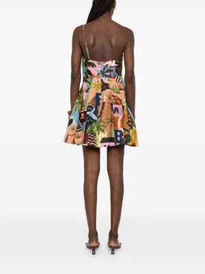 Tropical Painting Mini Dress with Ruffled Hem