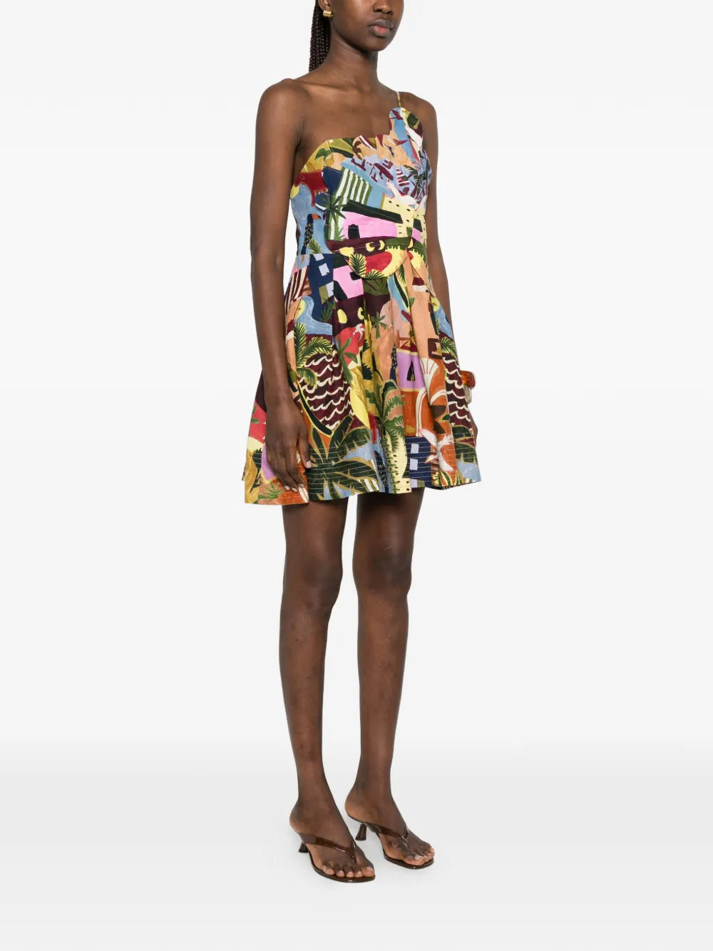 Tropical Painting Mini Dress with Ruffled Hem