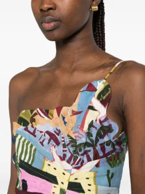 Tropical Painting Mini Dress with Ruffled Hem