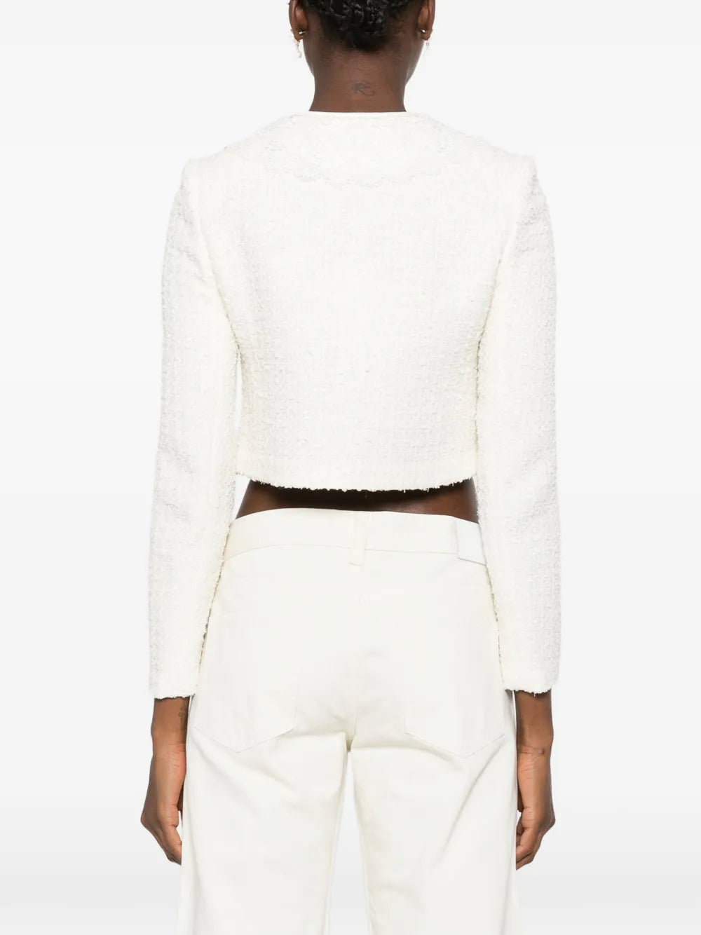 cream bouclé jacket with lace collar