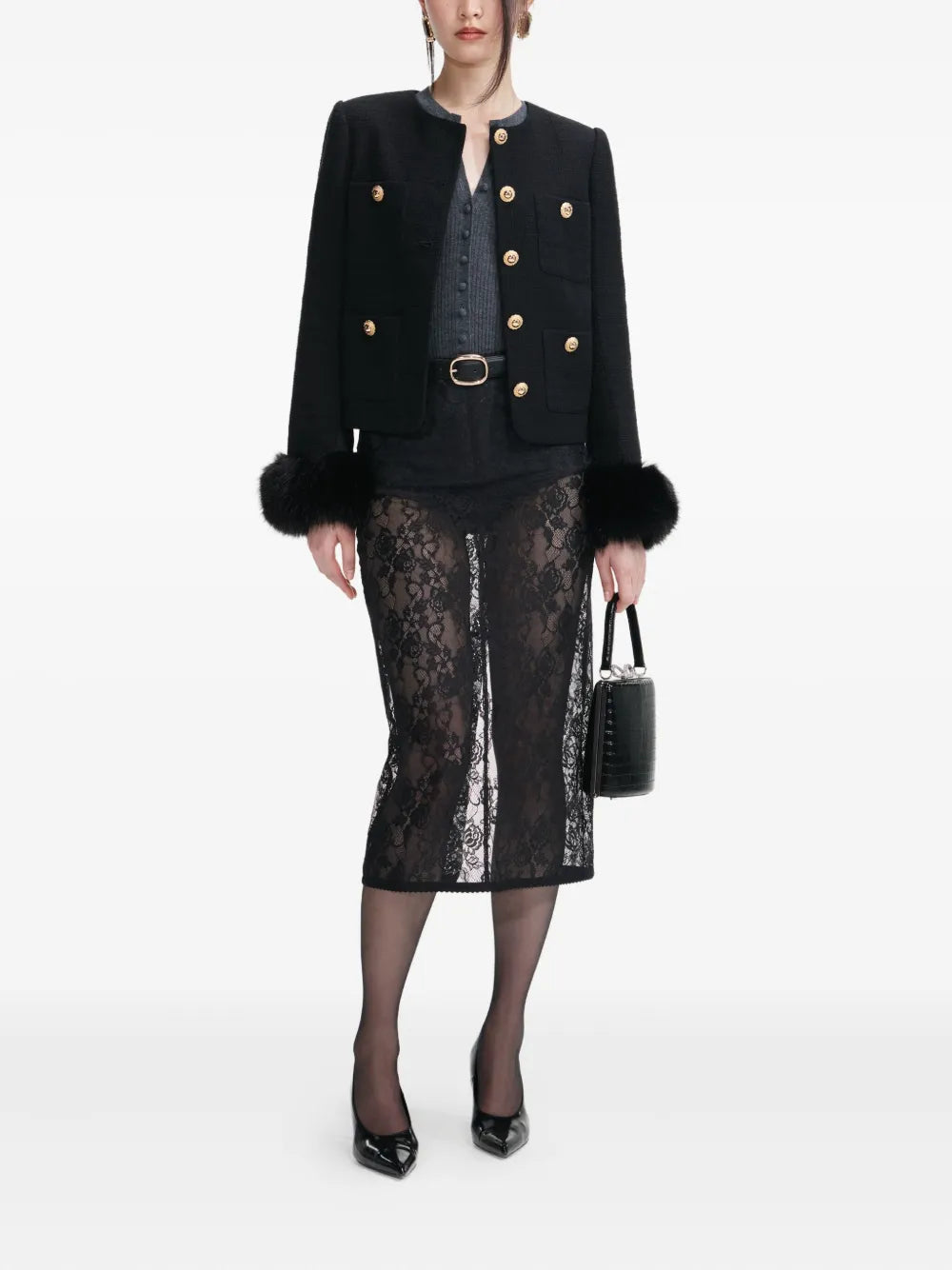 Bunda s umělými kožešinovými manžetami a knoflíky