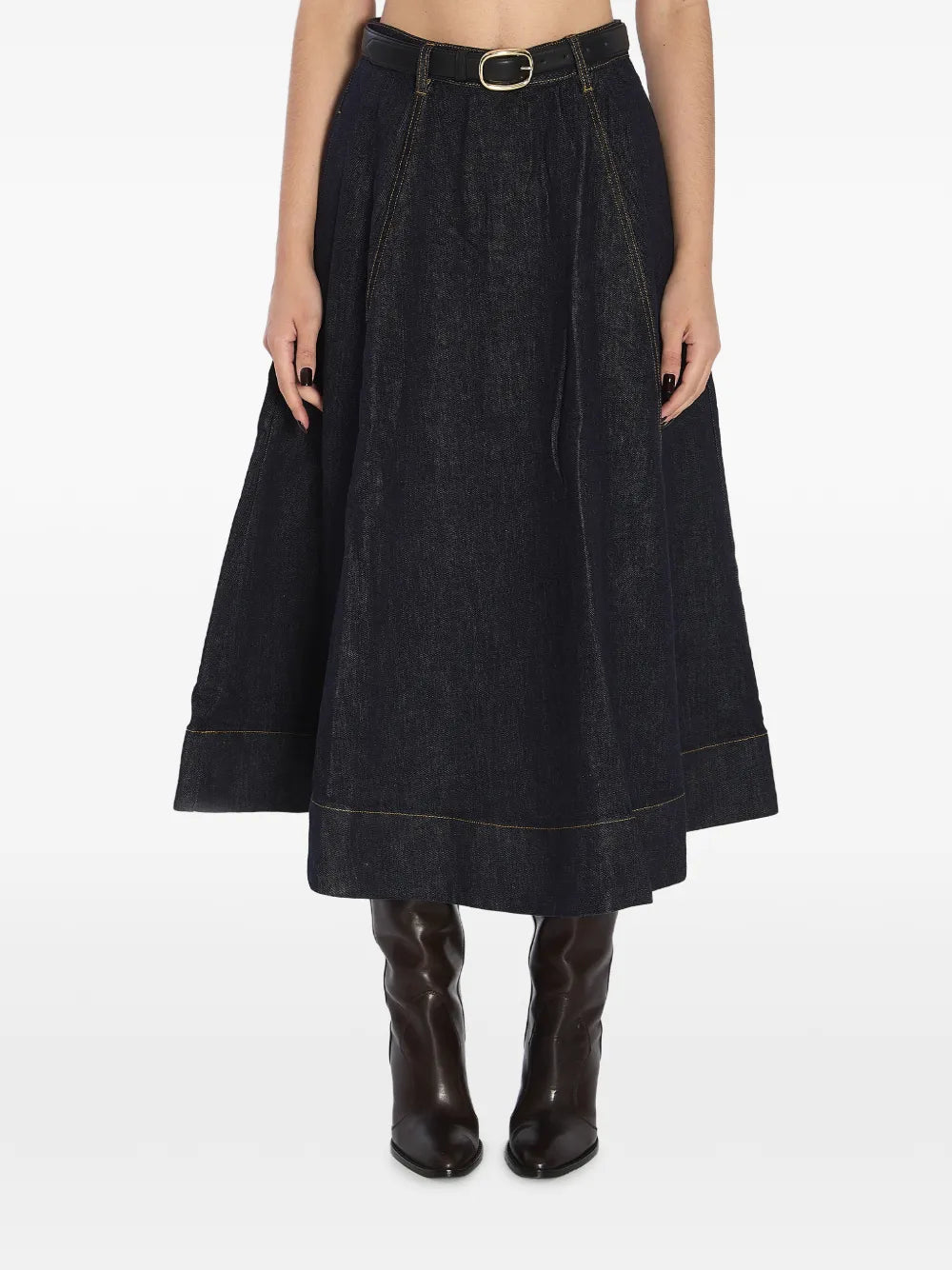 INDIGO DENIM FLARED MIDI SKIRT