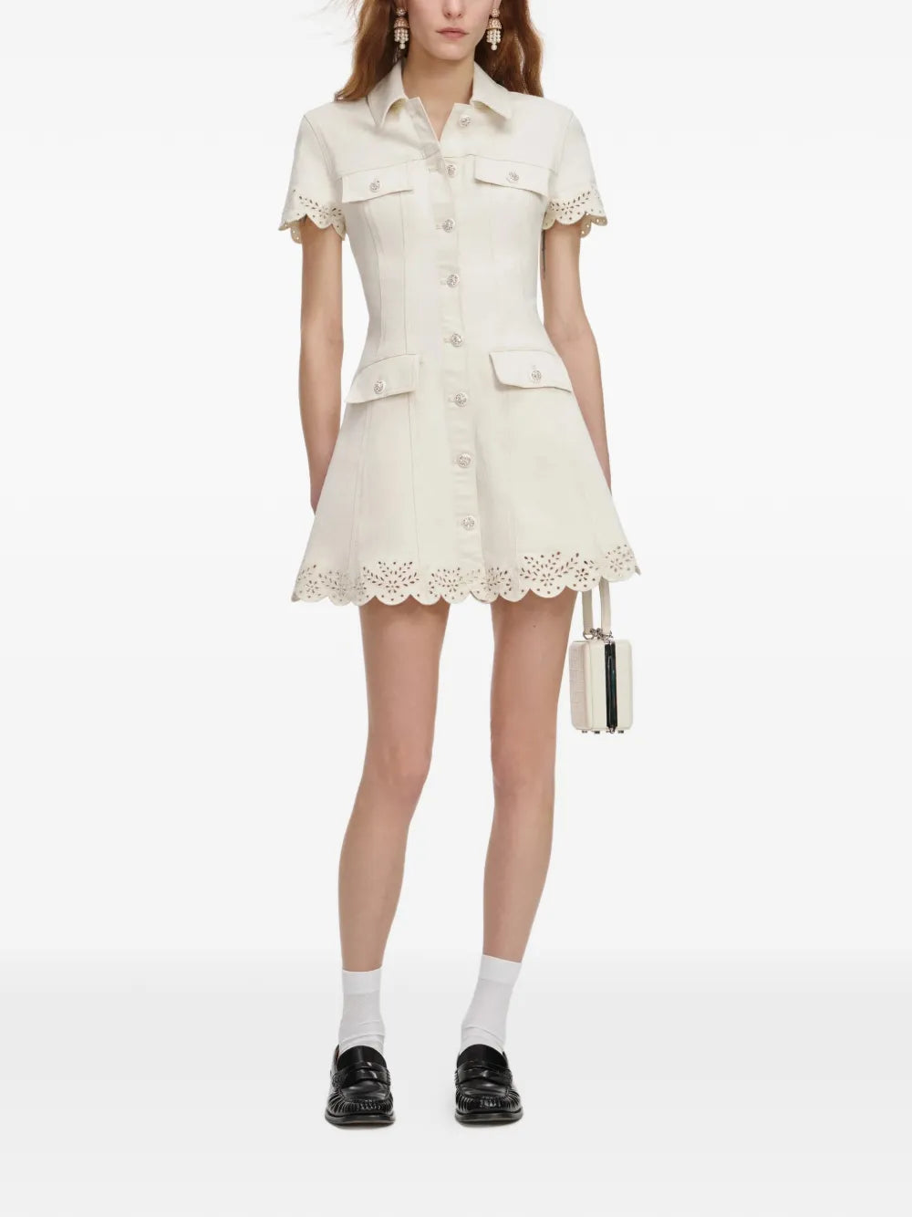 CREAM BRODERIE DENIM MINI DRESS