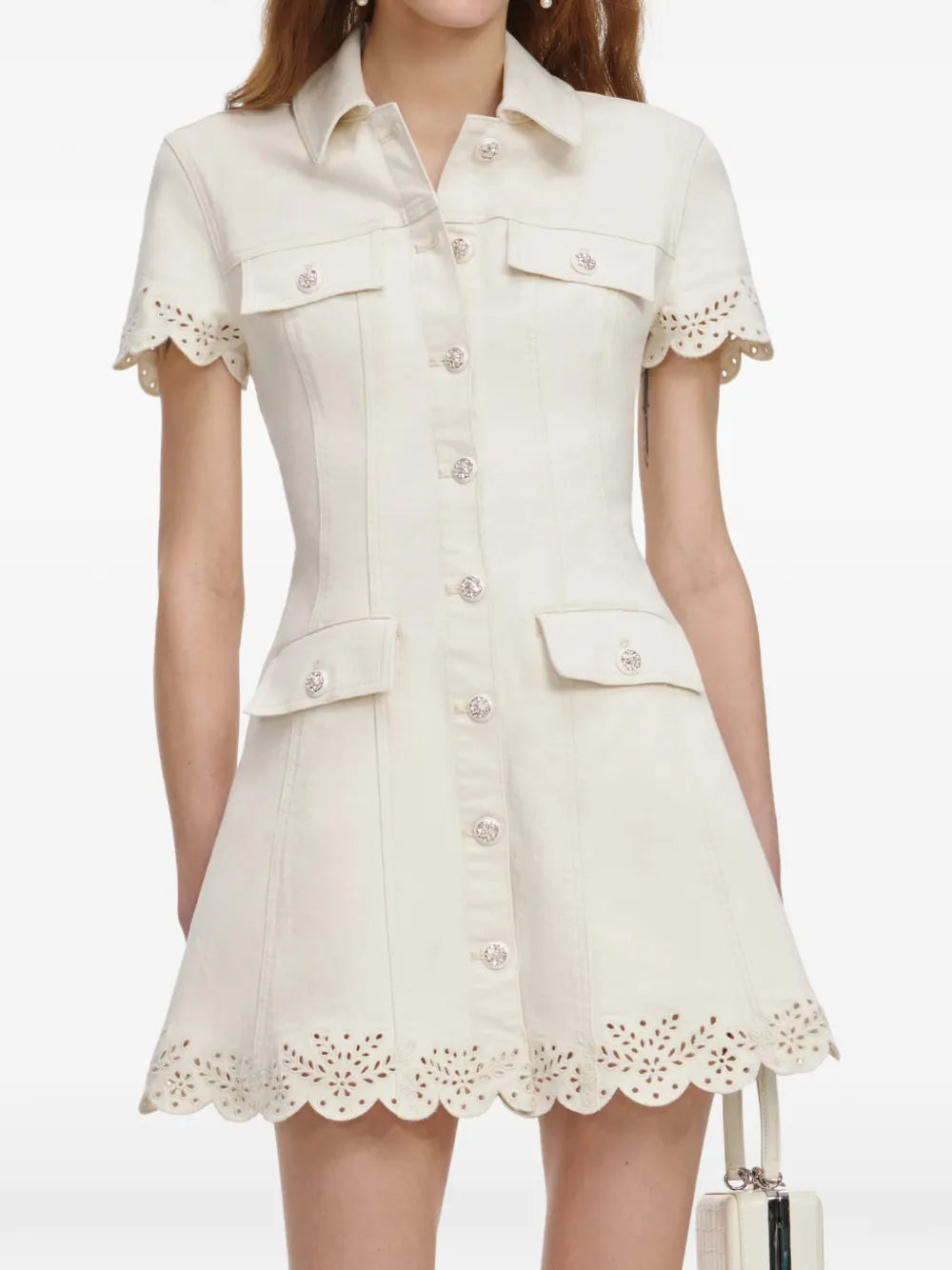 CREAM BRODERIE DENIM MINI DRESS