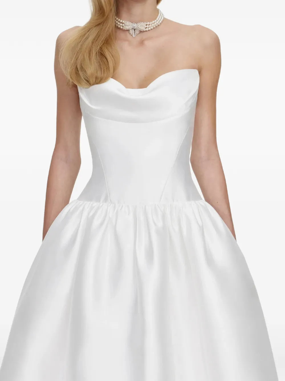 WHITE TAFFETA STRAPLESS MIDI DRESS
