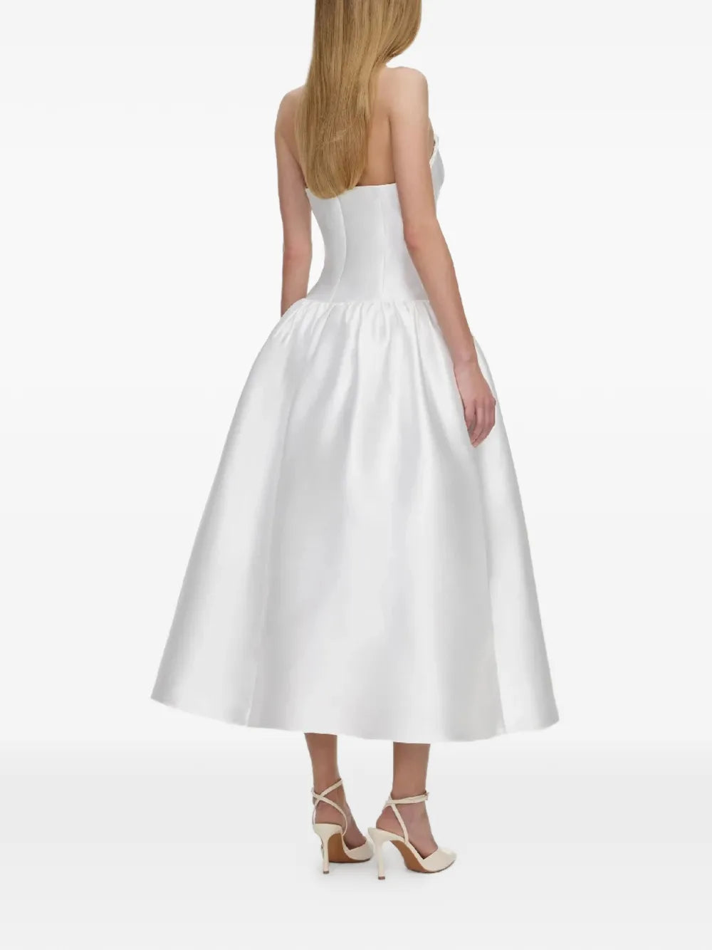 WHITE TAFFETA STRAPLESS MIDI DRESS