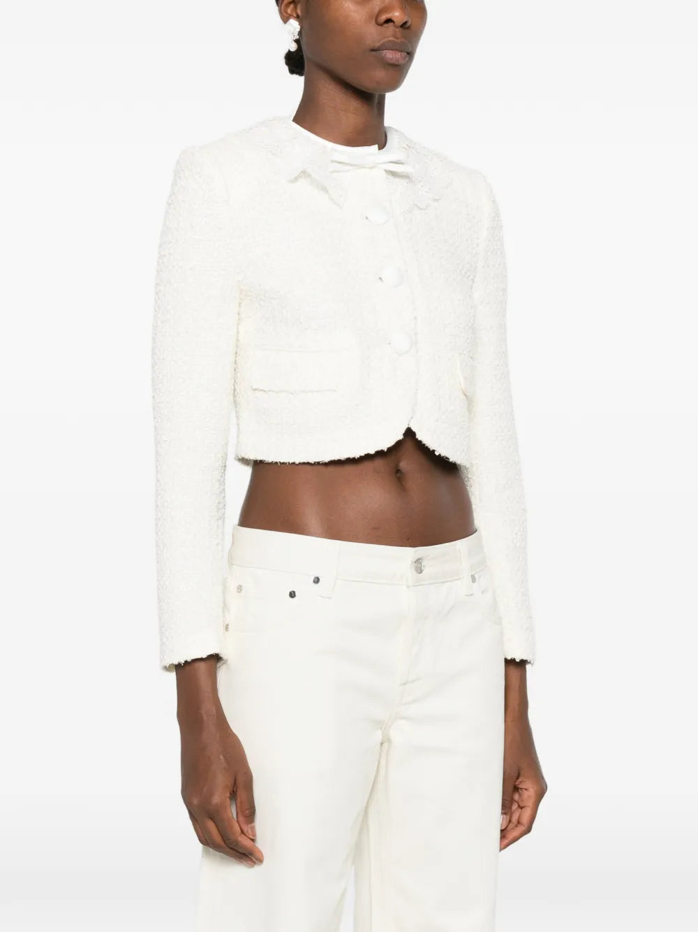 cream bouclé jacket with lace collar