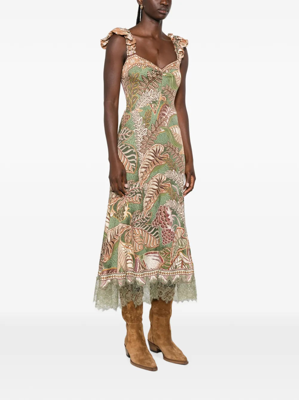 Midi-Kleid mit Rüschen und Blattmuster